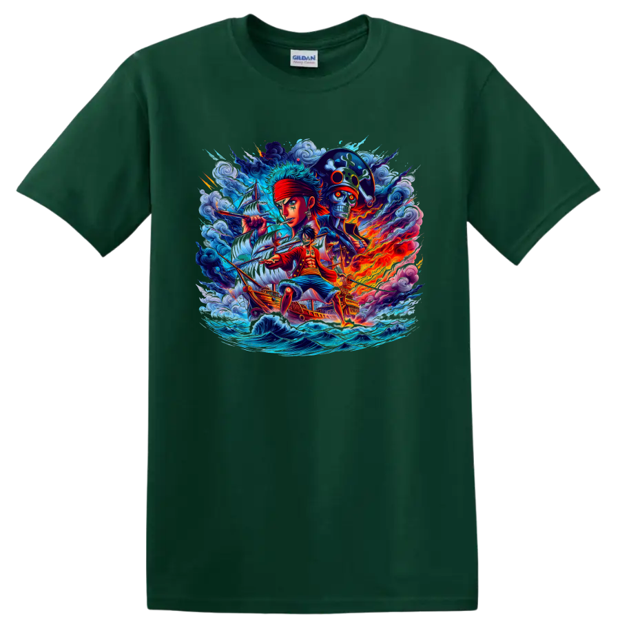 Monkey D. Luffy and Roronoa Zoro One Piece pirate adventure graphic on a Forest Green T Shirt
