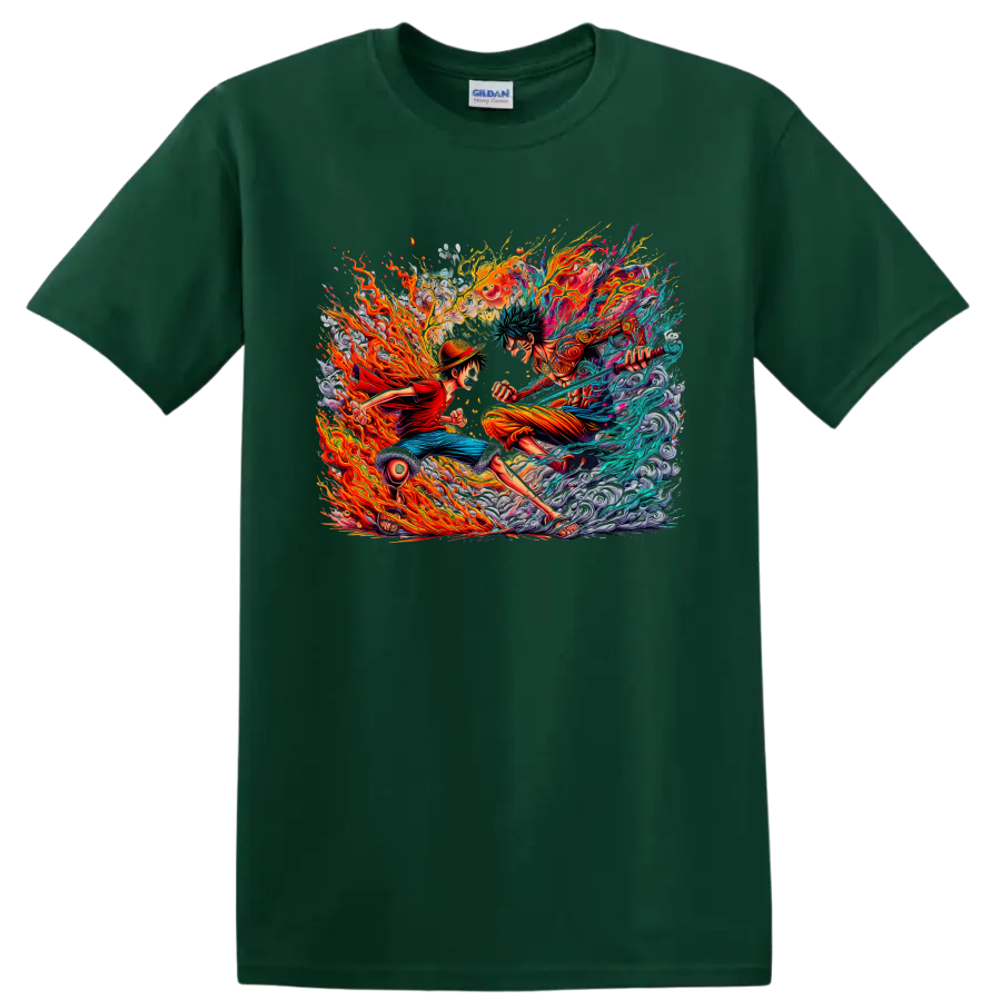 Monkey D. Luffy and Roronoa Zoro in explosive fire and water anime battle art on a Forest Green T Shirt
