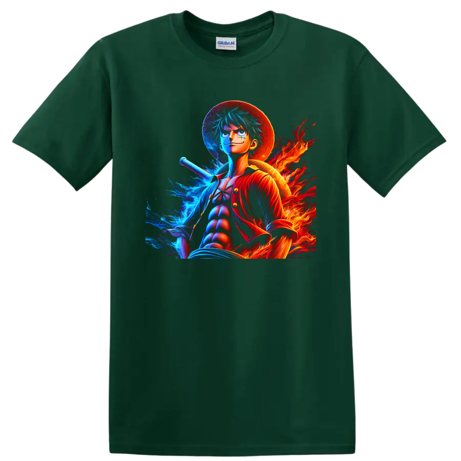 Monkey D. Luffy anime warrior graphic with straw hat, blue water energy, and flames on a Forest Green T Shirt
