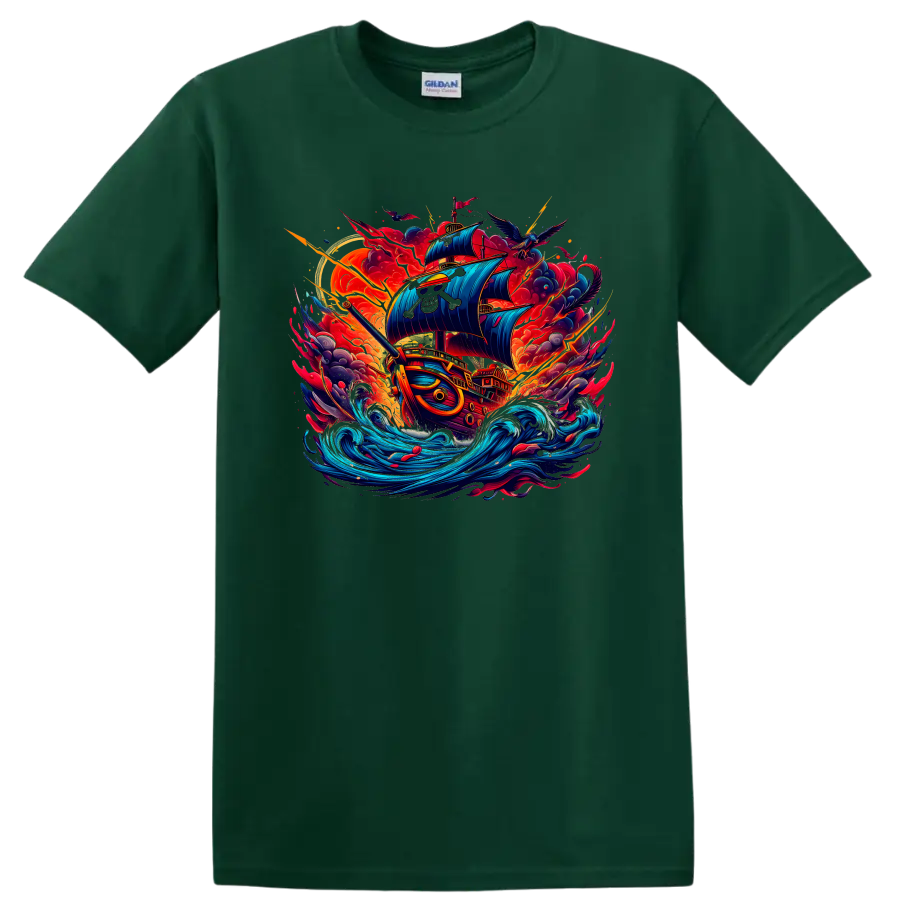 Thousand Sunny pirate ship in dynamic anime-style ocean storm artwork on a Forest Green T Shirt