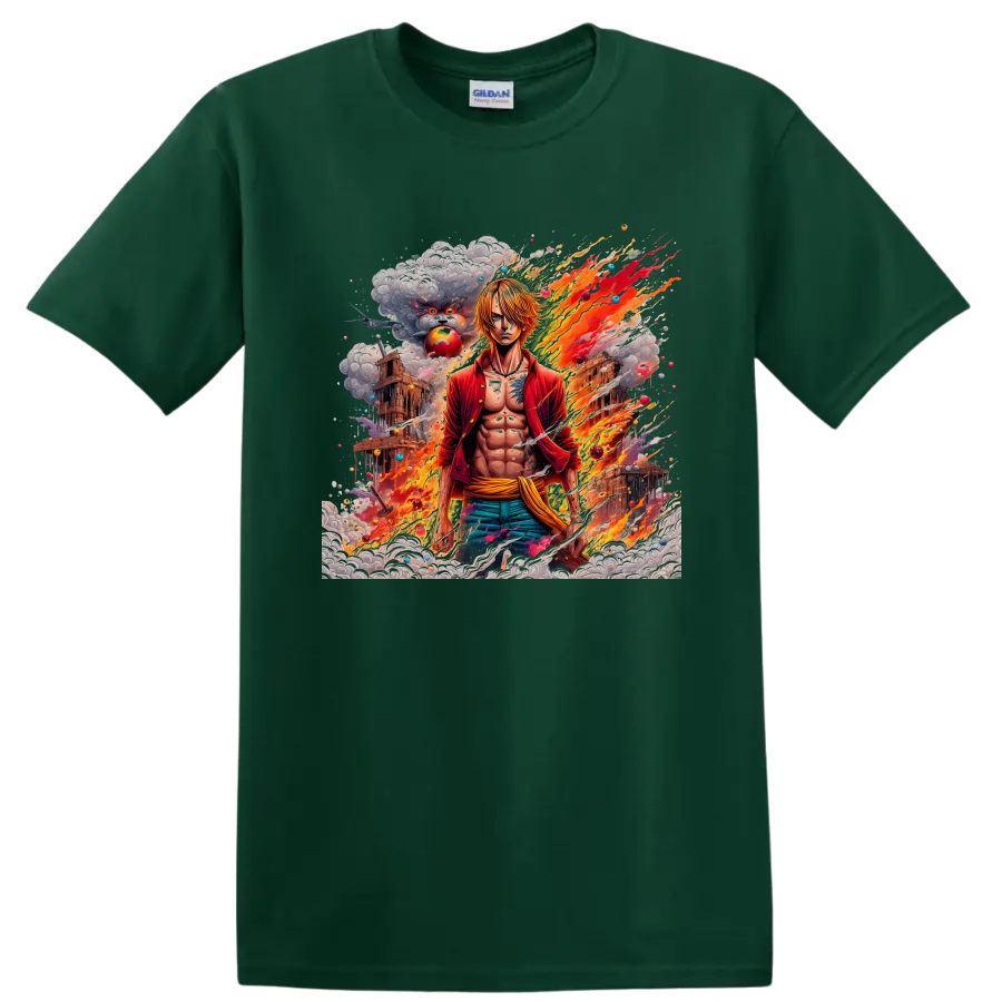 Sanji anime character in fiery action graphic with smoke and detailed scenery on a Forest Green T Shirt
