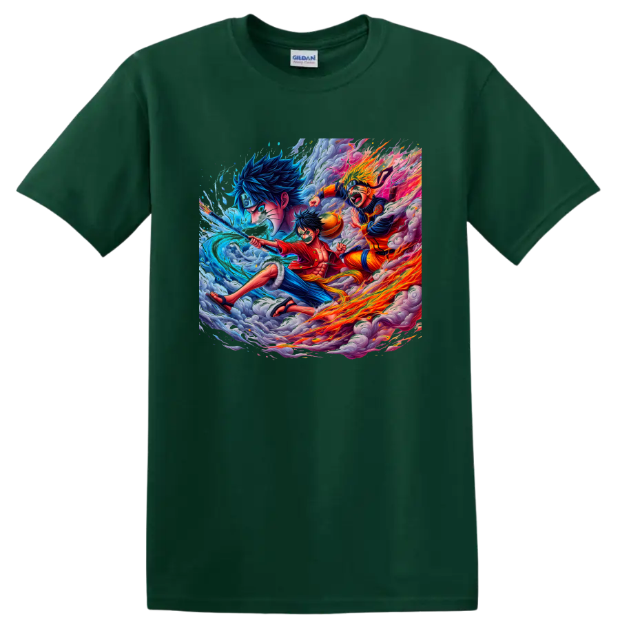 Monkey D. Luffy and Naruto Uzumaki anime action art with water, fire, and storm clouds on a Forest Green T Shirt