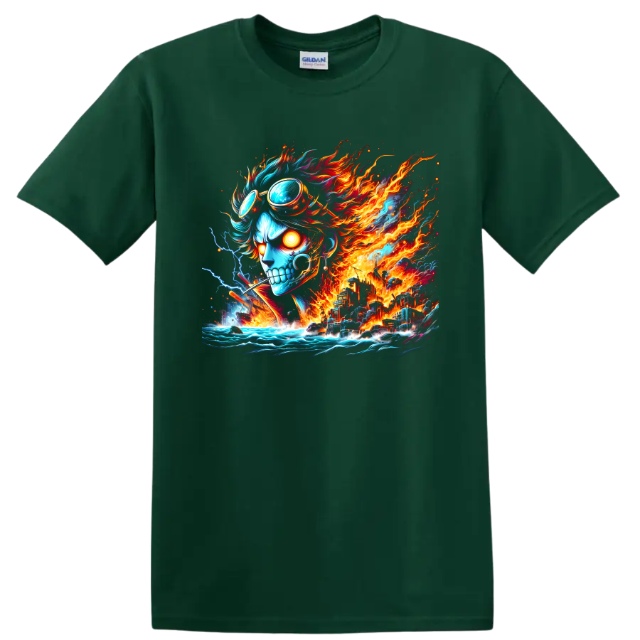 Sabo-inspired anime skull with goggles, flames, lightning, ocean waves, and fantasy city on a Forest Green T Shirt