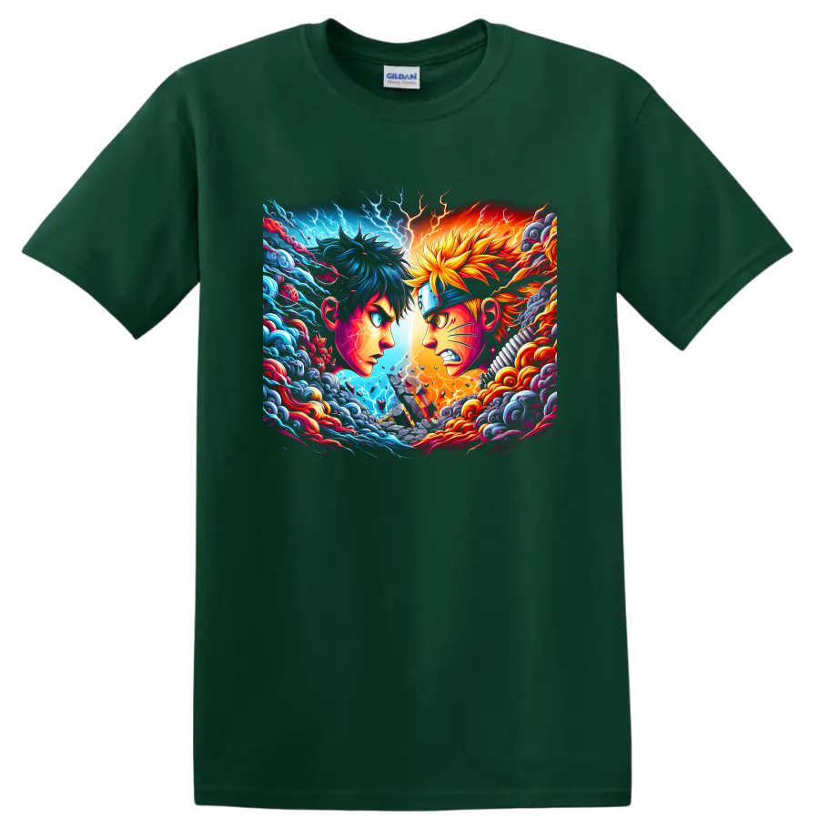 Naruto Uzumaki and Sasuke Uchiha anime rivalry art with lightning, waves, and flames on a Forest Green T Shirt