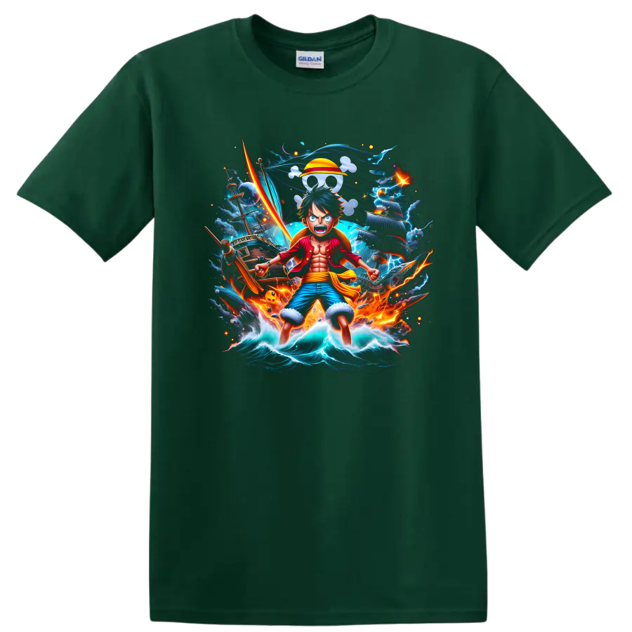 Monkey D. Luffy anime pirate graphic with ship, storm waves, lightning, and straw hat on a Forest Green T Shirt