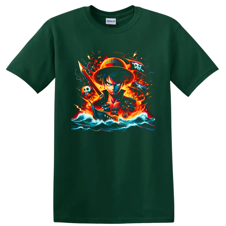 Monkey D. Luffy pirate action art with ship, skull flags, fire, and ocean waves on a Forest Green T Shirt