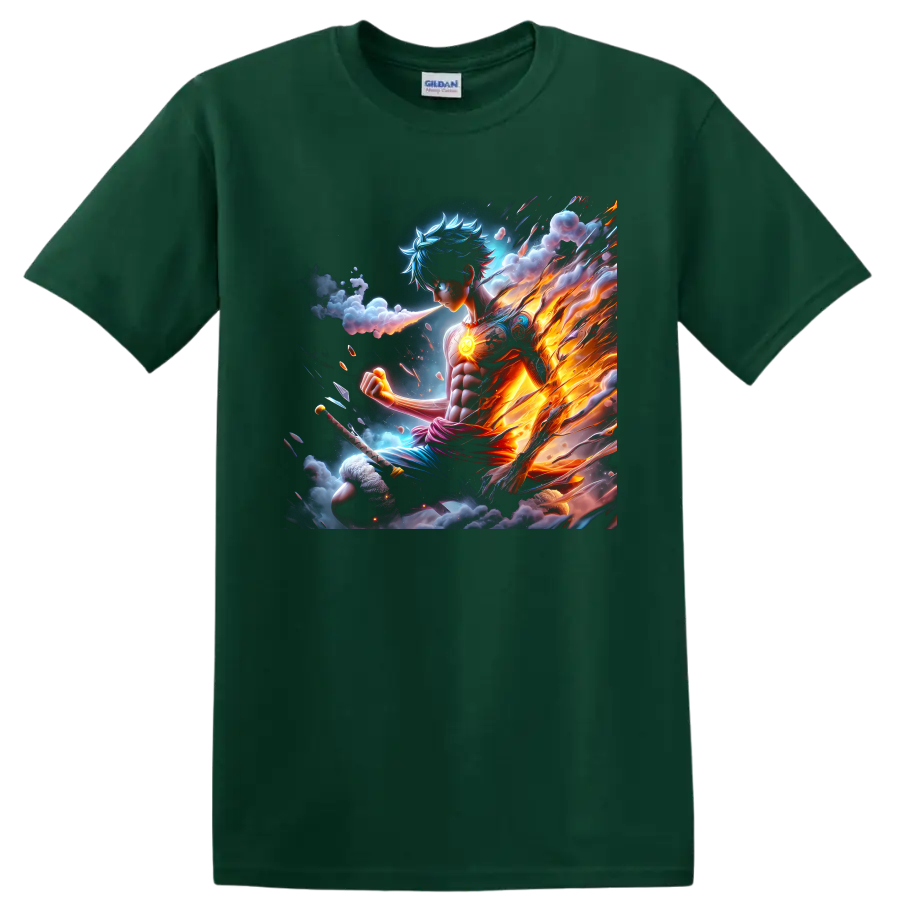 Monkey D. Luffy Gear 5 in a fiery blue and orange anime action illustration on a Forest Green T Shirt