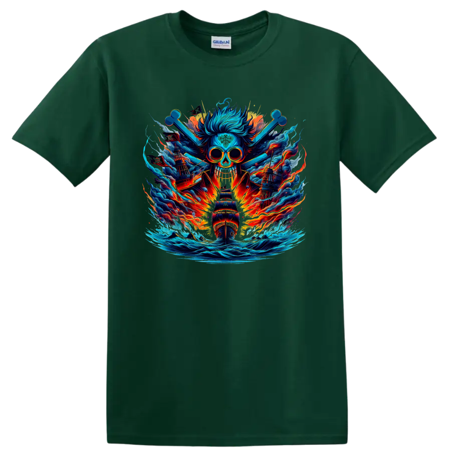 One Piece-inspired blue skull pirate ship with fiery waves in anime fantasy art on a Forest Green T Shirt