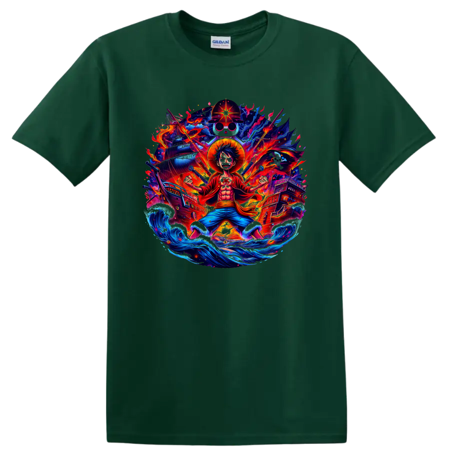 Monkey D. Luffy anime pirate graphic with ships, fiery energy, and ocean waves on a Forest Green T Shirt