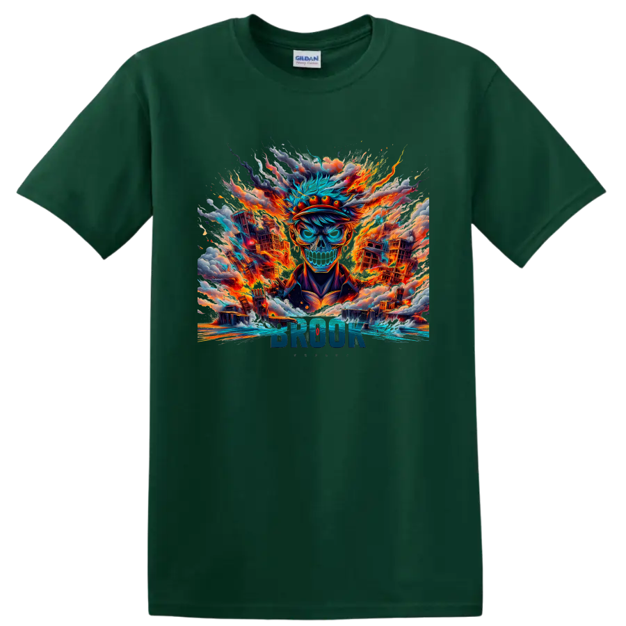 Brook skull character in fiery city anime art with BROOK text on a Forest Green T Shirt