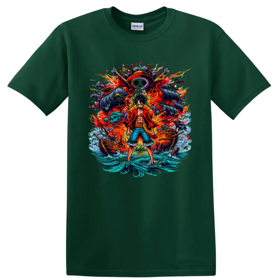 Monkey D. Luffy One Piece anime pirate graphic with ships, flames, and waves on a Forest Green T Shirt