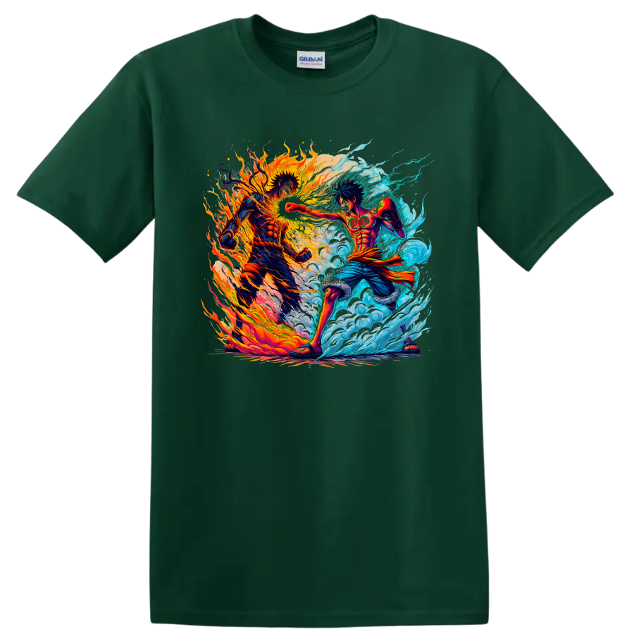 Monkey D. Luffy and Portgas D. Ace fire and water anime battle graphic on a Forest Green T Shirt