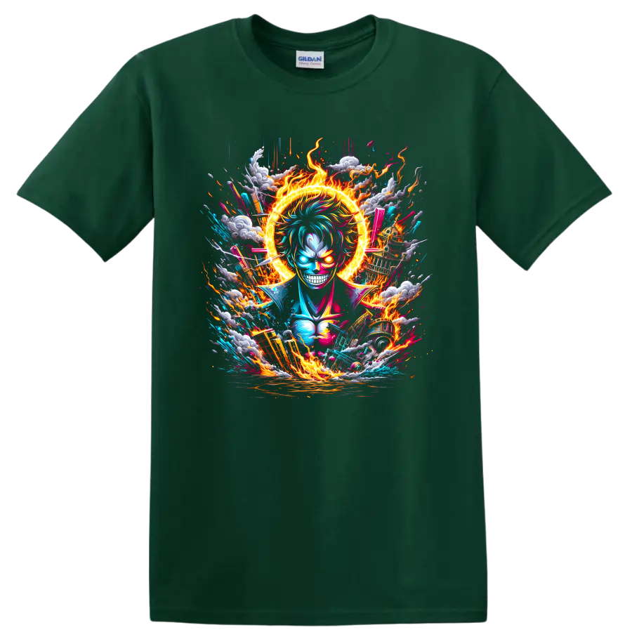 Monkey D. Luffy Gear 5 anime graphic with fiery halo, lightning, clouds, and waves on a Forest Green T Shirt