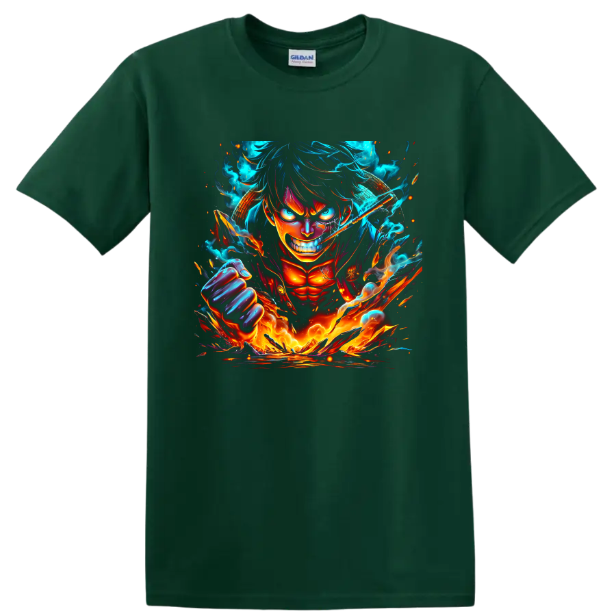 Monkey D. Luffy Bajrang Gun anime battle graphic with fiery energy and a raised fist on a Forest Green T Shirt