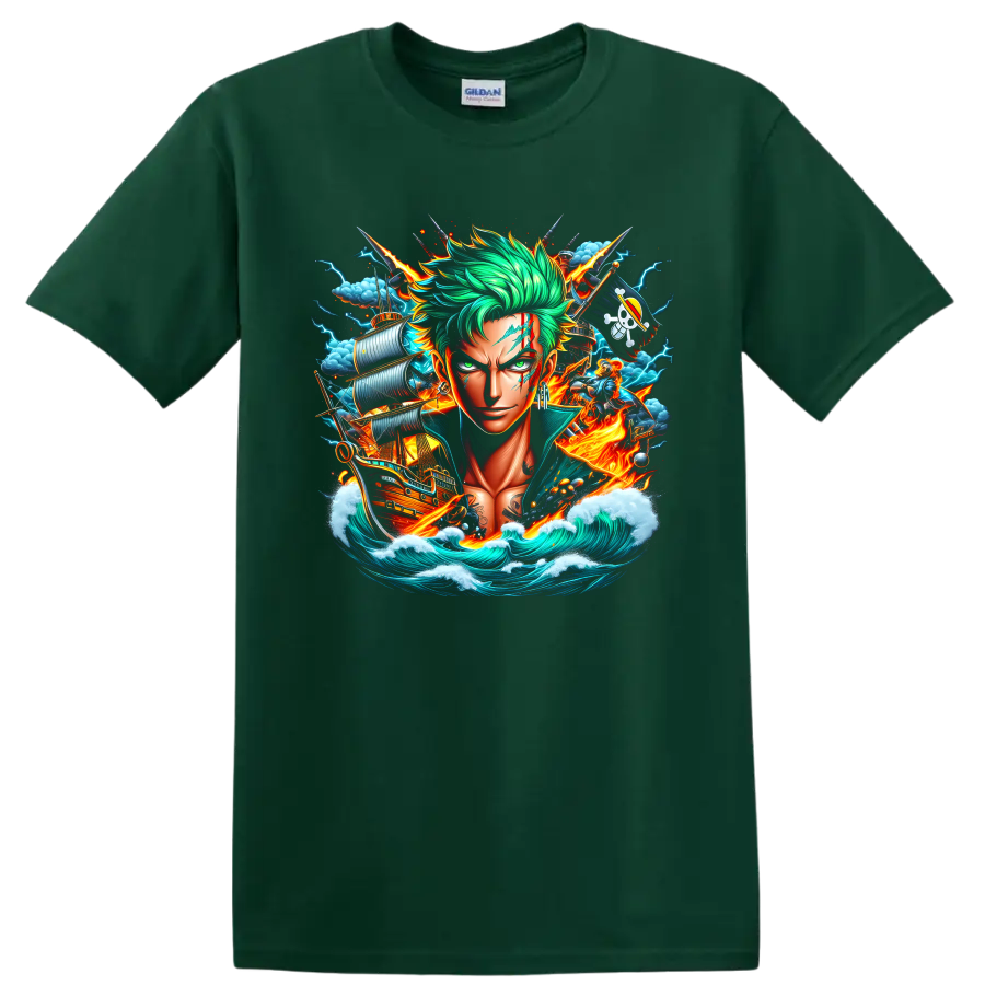 Roronoa Zoro anime portrait with swords, pirate ship, lightning, flames, and ocean waves on a Forest Green T Shirt