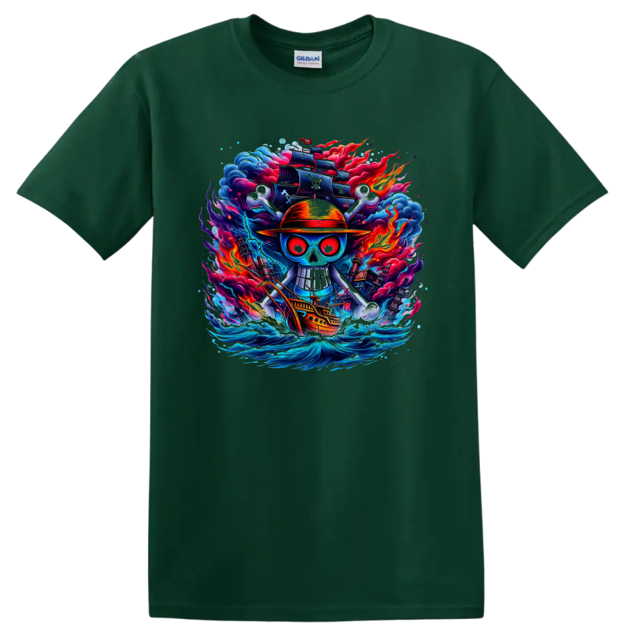 One Piece-inspired straw hat pirate skull with ship, waves, flames, and dark sails on a Forest Green T Shirt