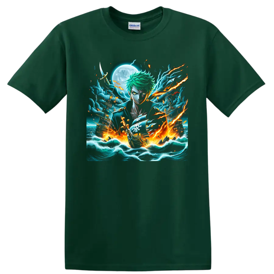 Roronoa Zoro anime art with pirate ships, moonlit waves, sword, and lightning on a Forest Green T Shirt
