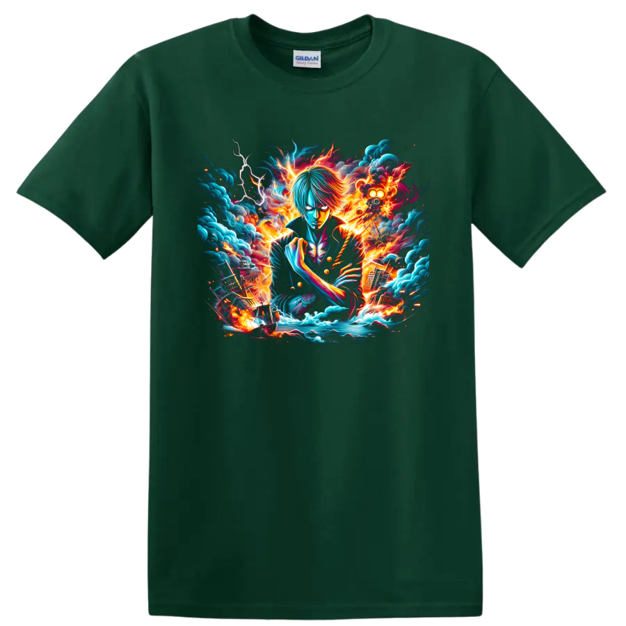 Sanji in fiery storm anime art with lightning, ocean waves, and a pirate ship on a Forest Green T Shirt