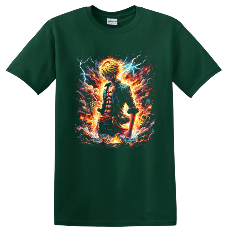 Sanji Diable Jambe anime battle graphic with blazing fire and blue lightning on a Forest Green T Shirt