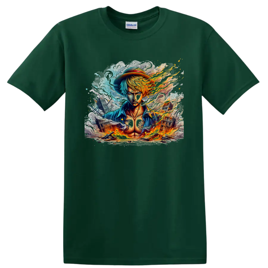 Sanji-inspired anime warrior graphic with flames, blue smoke, and ruined city on a Forest Green T Shirt