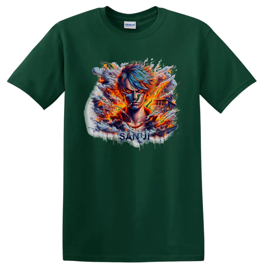 Sanji One Piece fiery anime portrait with burning ships and SANJI lettering on a Forest Green T Shirt