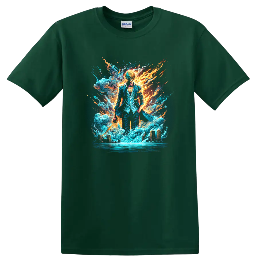 Sanji in a teal suit with fiery energy, ocean waves, and a glowing city on a Forest Green T Shirt