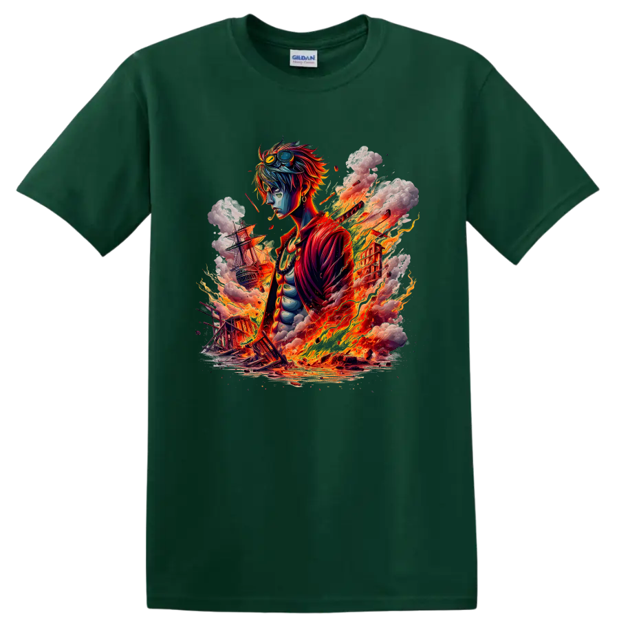 Sabo One Piece anime artwork with fire, smoke, and sailing ships on a Forest Green T Shirt