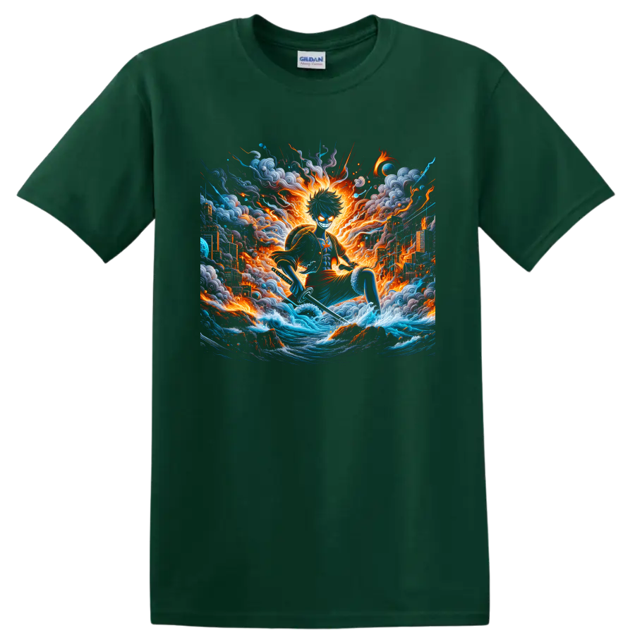Monkey D. Luffy Gear 5 anime action art with ocean waves, fire, and storm clouds on a Forest Green T Shirt