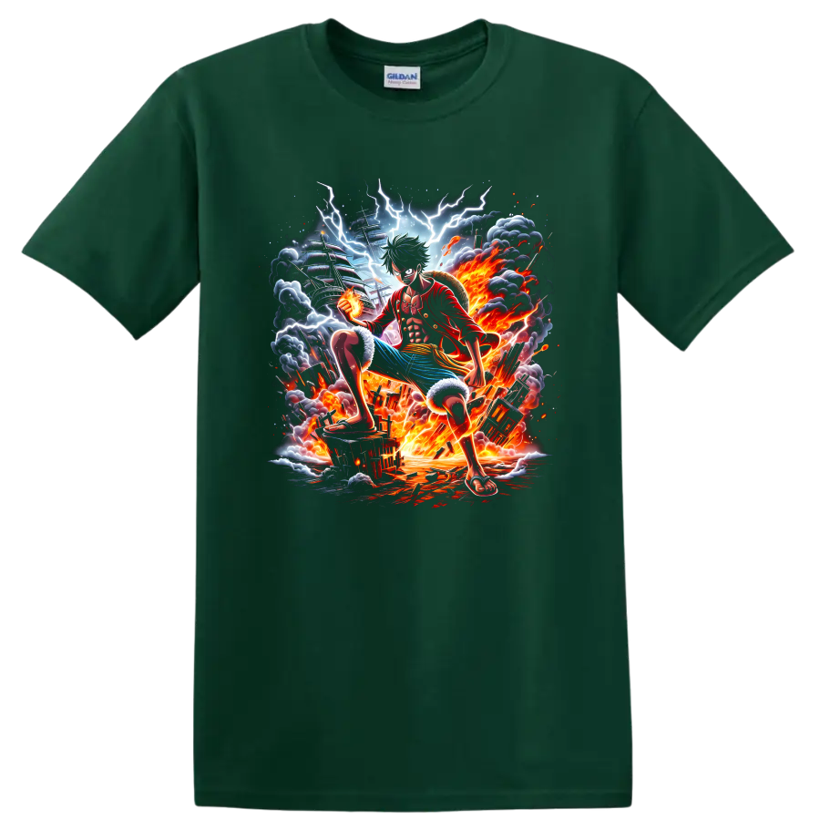 Monkey D. Luffy Gear 5 anime battle graphic with lightning, fire, and pirate ship on a Forest Green T Shirt