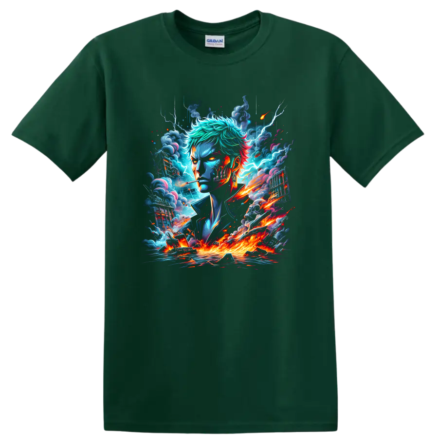 Roronoa Zoro anime swordsman portrait with lightning, storm clouds, and fiery energy on a Forest Green T Shirt