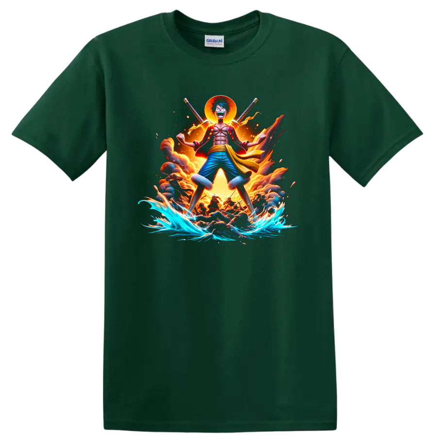 Monkey D. Luffy Gear 5-inspired anime ocean battle graphic with fire and waves on a Forest Green T Shirt