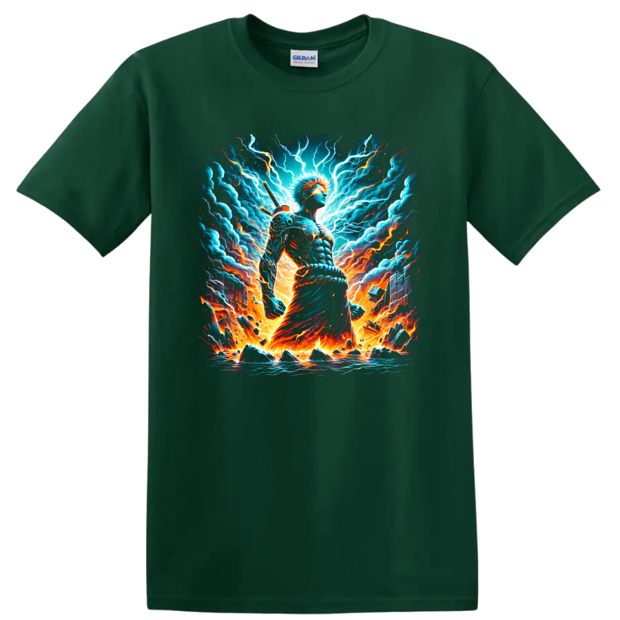 Ichigo Kurosaki in electric lightning and fire anime sword warrior graphic on a Forest Green T Shirt