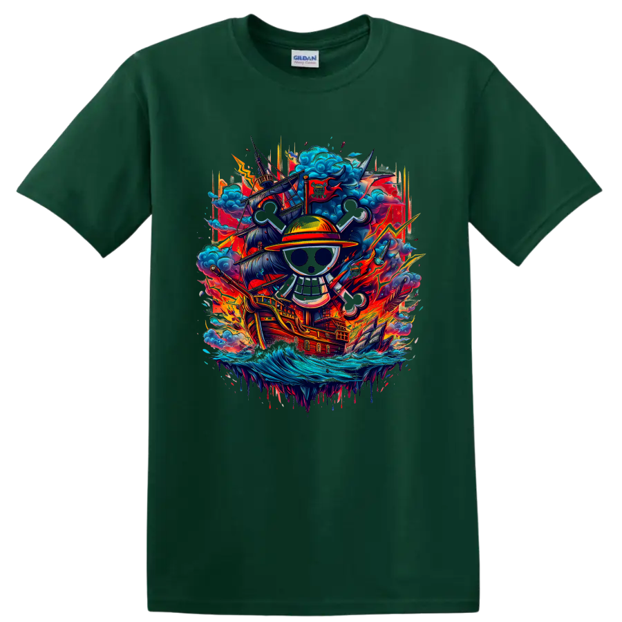 Monkey D. Luffy One Piece straw-hat skull and pirate ship anime graphic on a Forest Green T Shirt