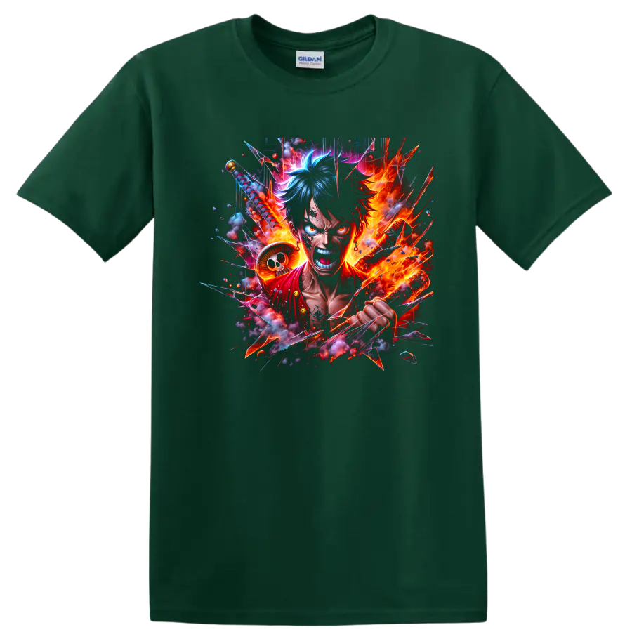 Monkey D. Luffy fiery anime battle graphic with flames, straw hat, and shattered glass on a Forest Green T Shirt