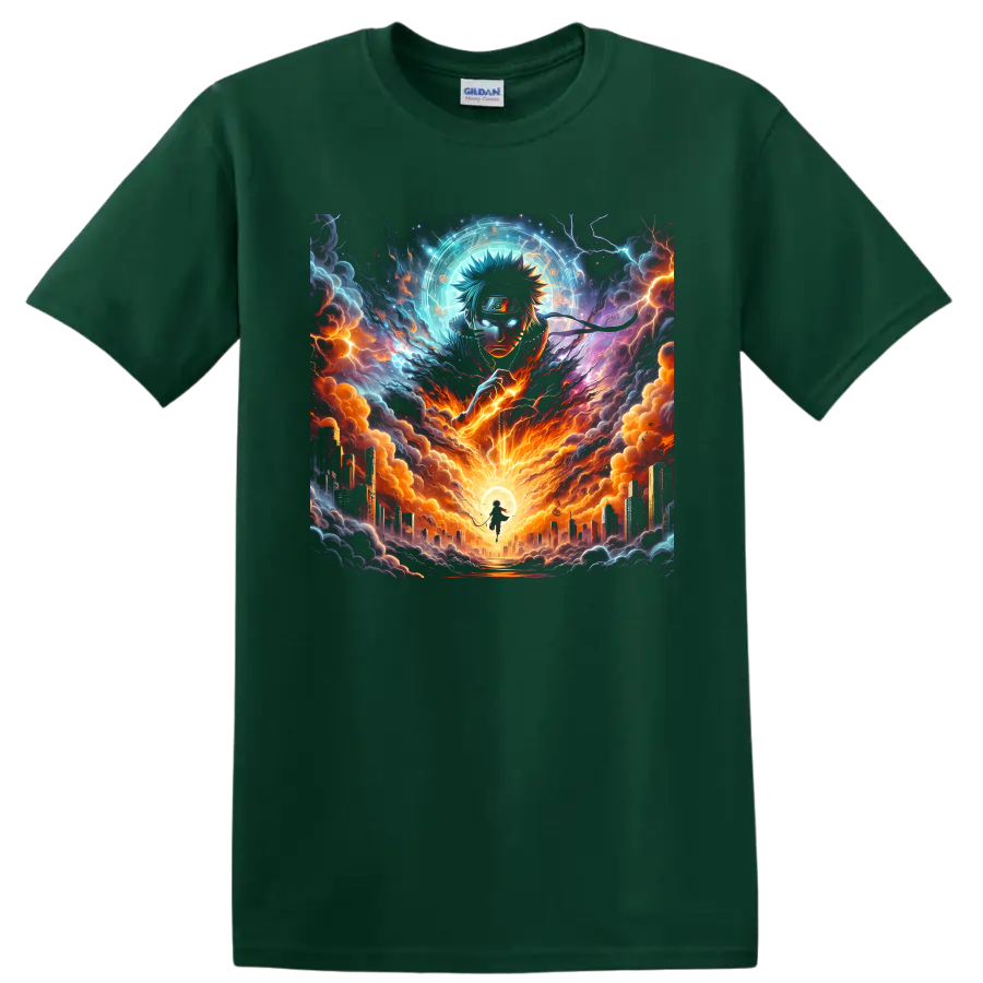 Naruto Uzumaki anime art with lightning, fiery storm clouds, glowing aura, and city on a Forest Green T Shirt