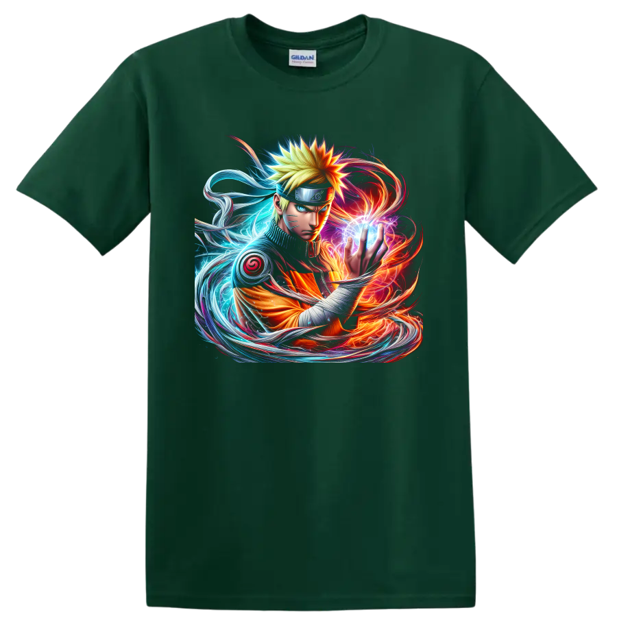 Naruto Uzumaki forming a glowing Rasengan in fiery and blue anime energy art on a Forest Green T Shirt