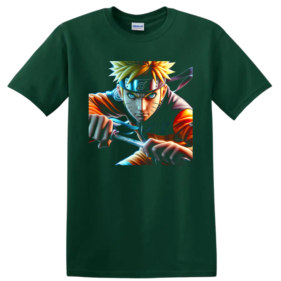 Naruto Uzumaki charging with a glowing Rasengan in vivid anime action art on a Forest Green T Shirt