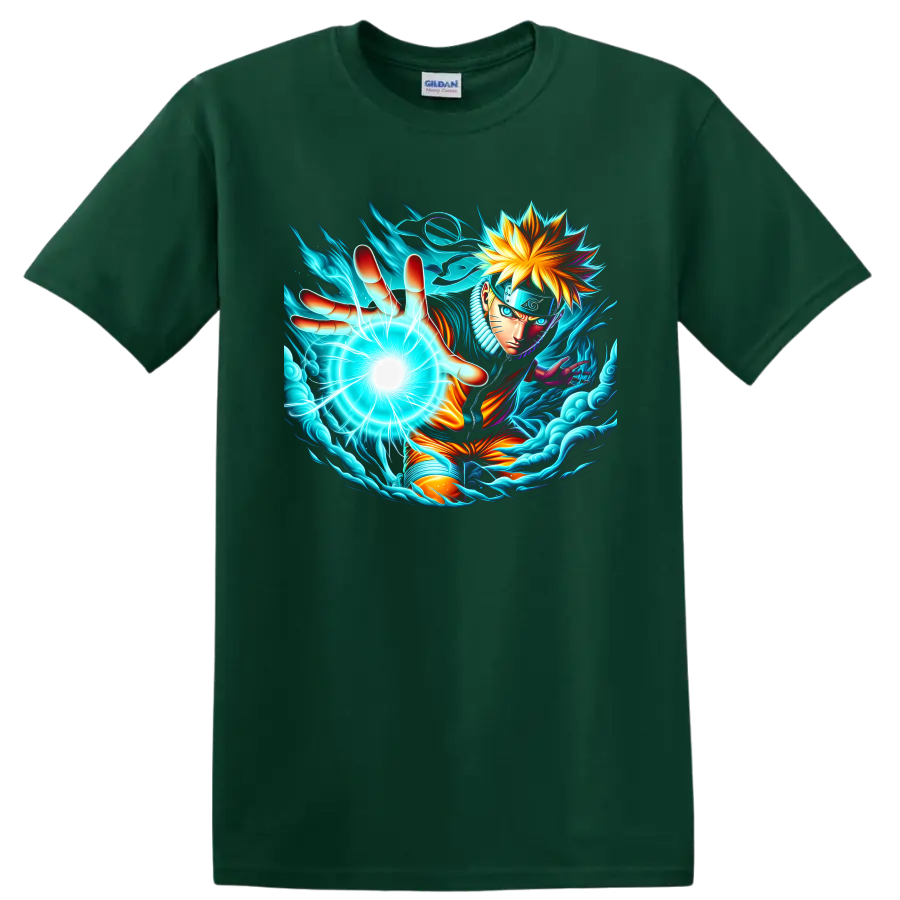 Naruto Uzumaki Sage Mode anime art reaching with a glowing energy orb and swirling waves on a Forest Green T Shirt
