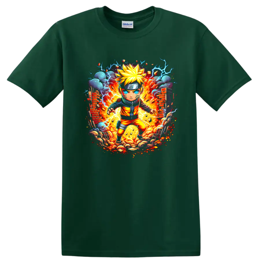 Chibi Naruto Uzumaki ninja with fireburst, lightning, storm clouds, and broken walls on a Forest Green T Shirt