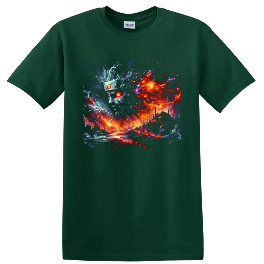 Naruto Uzumaki cybernetic ninja portrait with fiery cosmic storm artwork on a Forest Green T Shirt