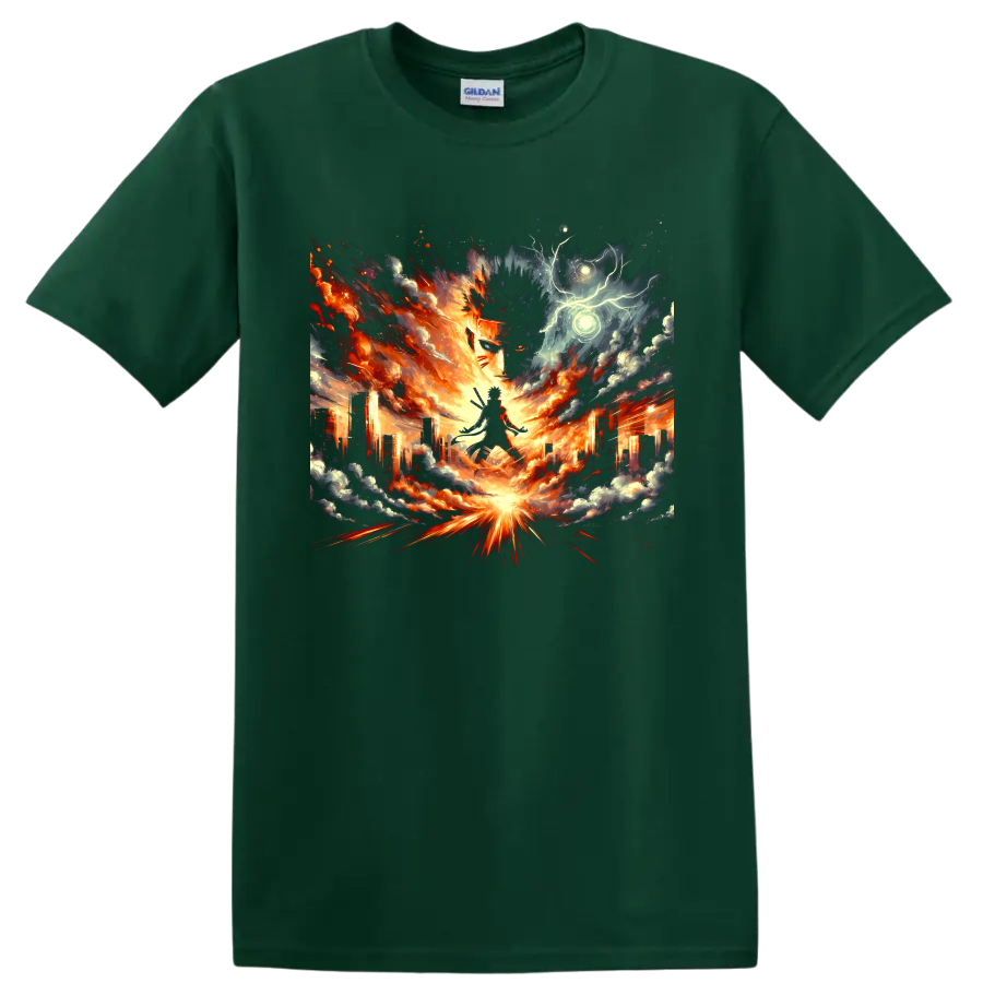 Naruto Uzumaki fiery city battle graphic with storm clouds and glowing energy on a Forest Green T Shirt