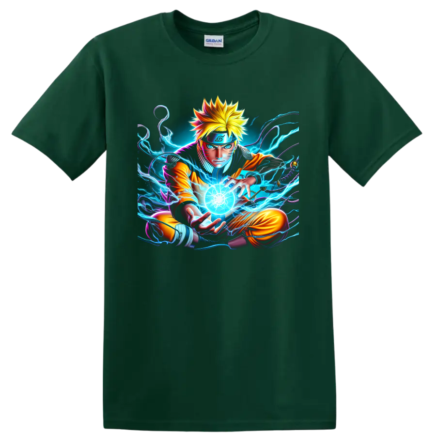 Naruto Uzumaki forming a glowing Rasengan in neon electric anime art on a Forest Green T Shirt