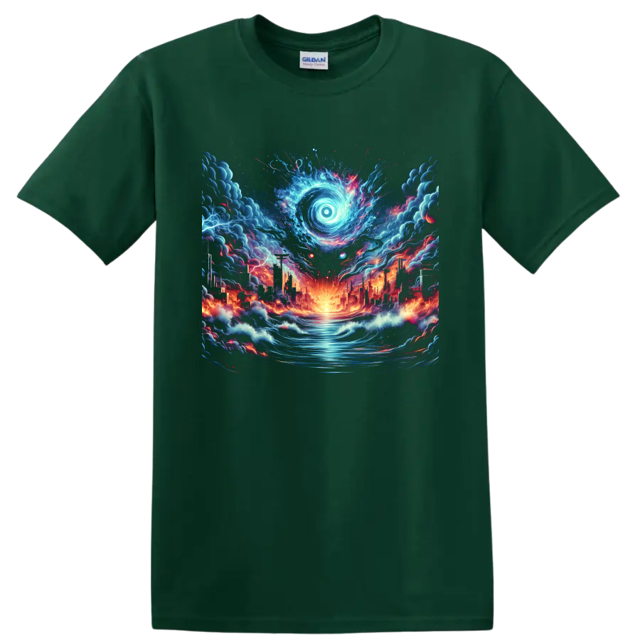 Surreal anime-style glowing spiral eye over a burning futuristic city and waves on a Forest Green T Shirt