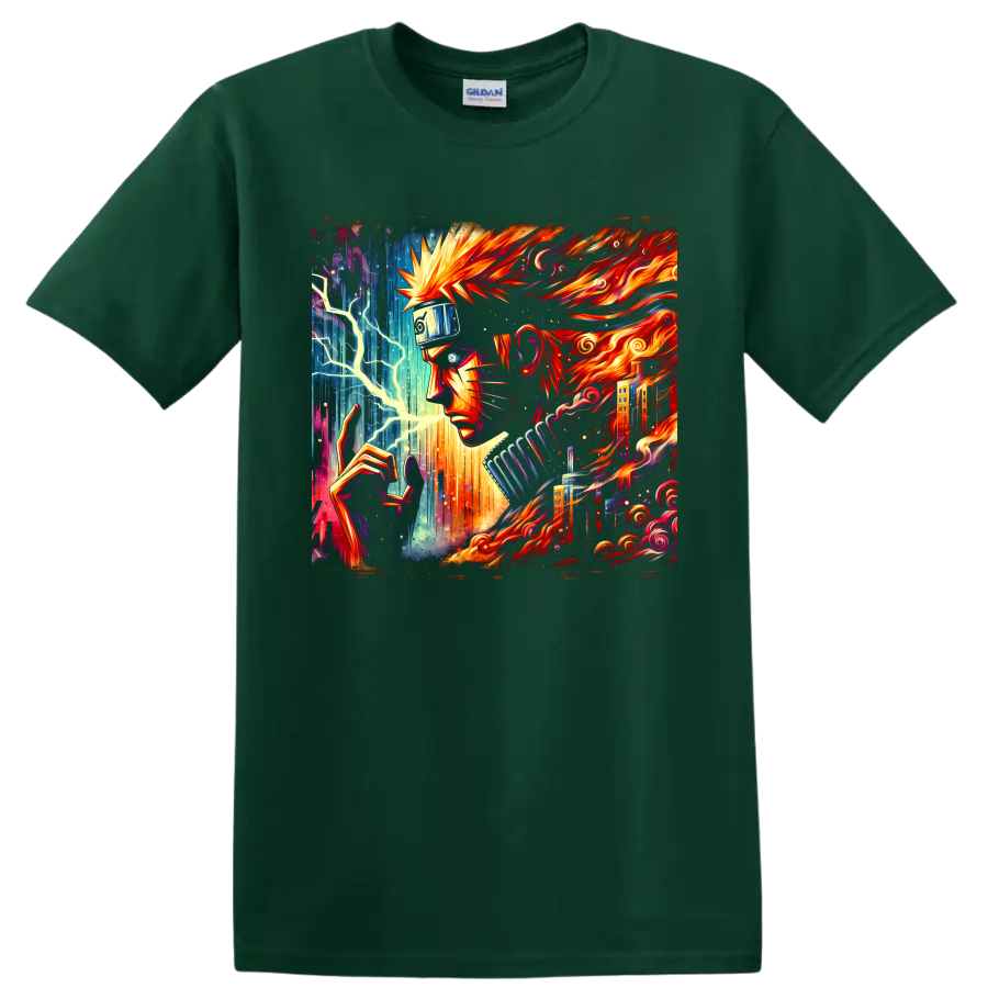 Naruto Uzumaki fiery ninja portrait with lightning, neon city details, and swirling flames on a Forest Green T Shirt
