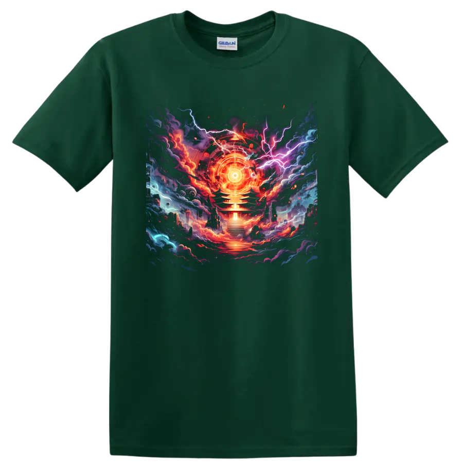 Cosmic temple graphic with radiant circular emblem, lightning, clouds, and embers on a Forest Green T Shirt