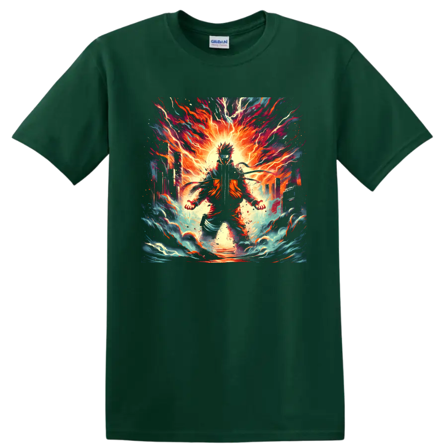 Naruto Uzumaki fiery anime ninja graphic with lightning, flames, and swirling waves on a Forest Green T Shirt