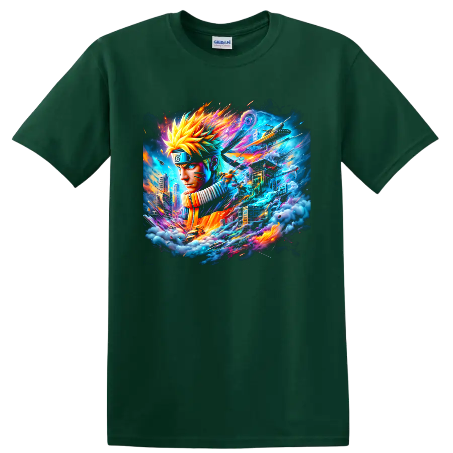Naruto Uzumaki neon ninja portrait with futuristic cityscape and swirling energy on a Forest Green T Shirt