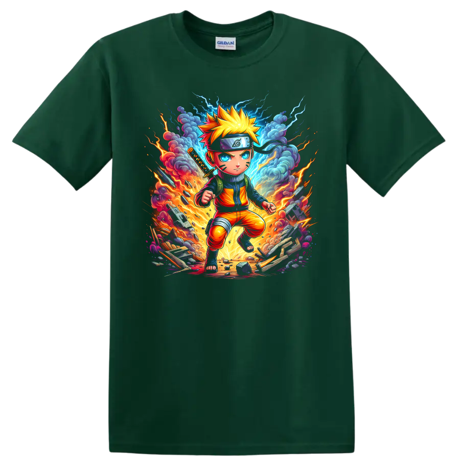 Naruto Uzumaki explosive anime ninja action graphic with lightning, fire, and debris on a Forest Green T Shirt