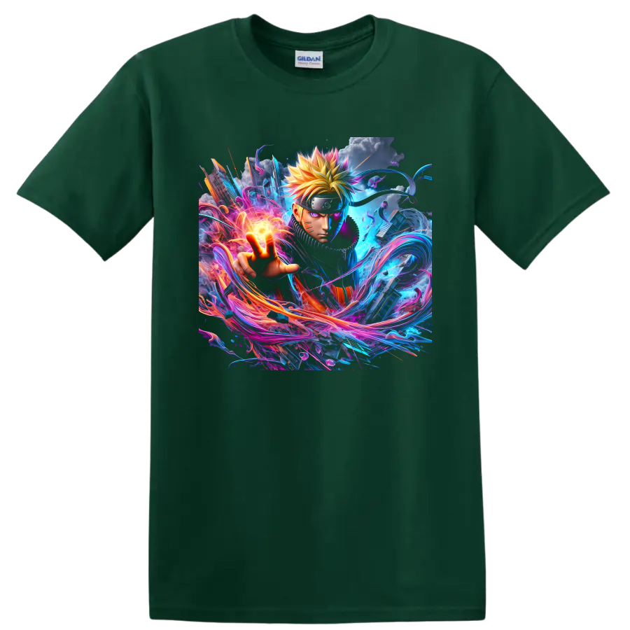 Naruto Uzumaki neon anime art with glowing energy orb and swirling effects on a Forest Green T Shirt