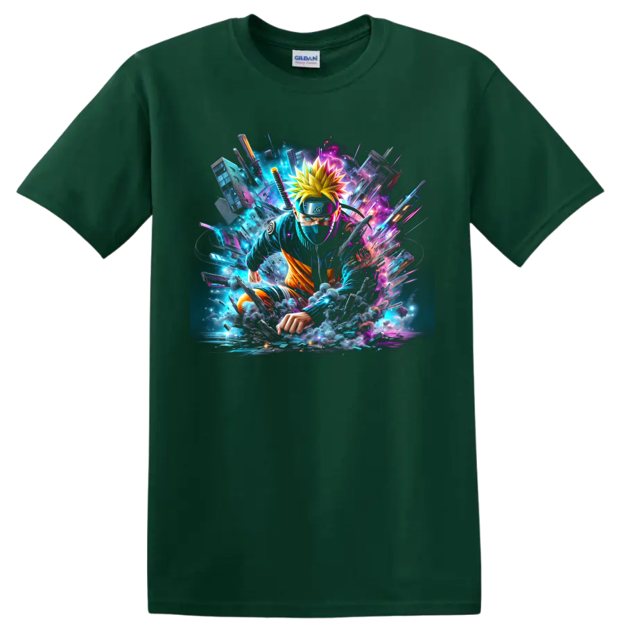 Naruto neon cyberpunk ninja action graphic with glowing shards and smoke on a Forest Green T Shirt